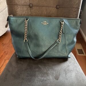 Coach Ava Silver Tone  Chain Metallic Teal Pebbled Leather Tote Handbag
